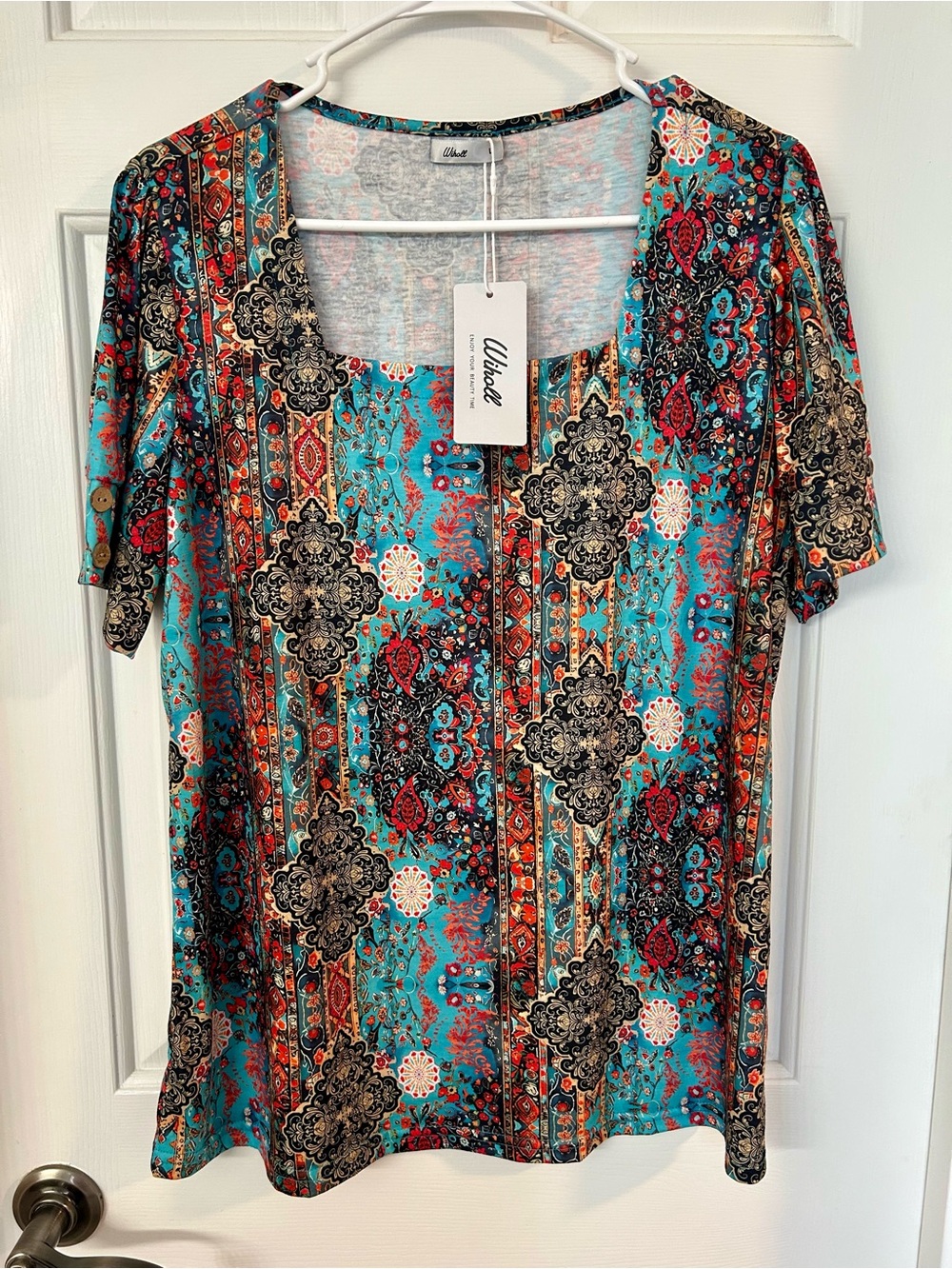 WIHOLL Boho Medallion Paisley Square Neck Top Button Detail Blouse Large